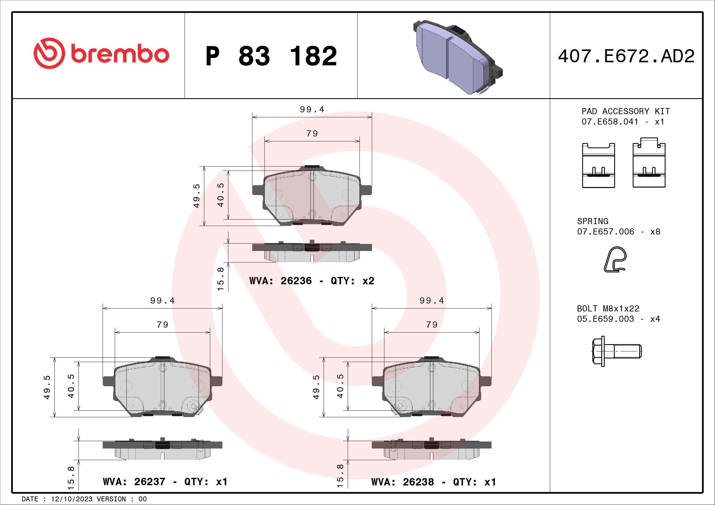 BREMBO Fékbetét, mind P83182_BREMBO