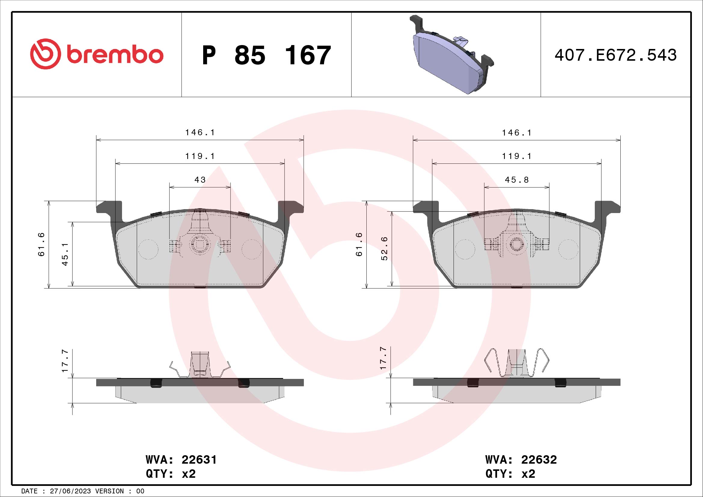 BREMBO Fékbetét, mind P85167_BREMBO