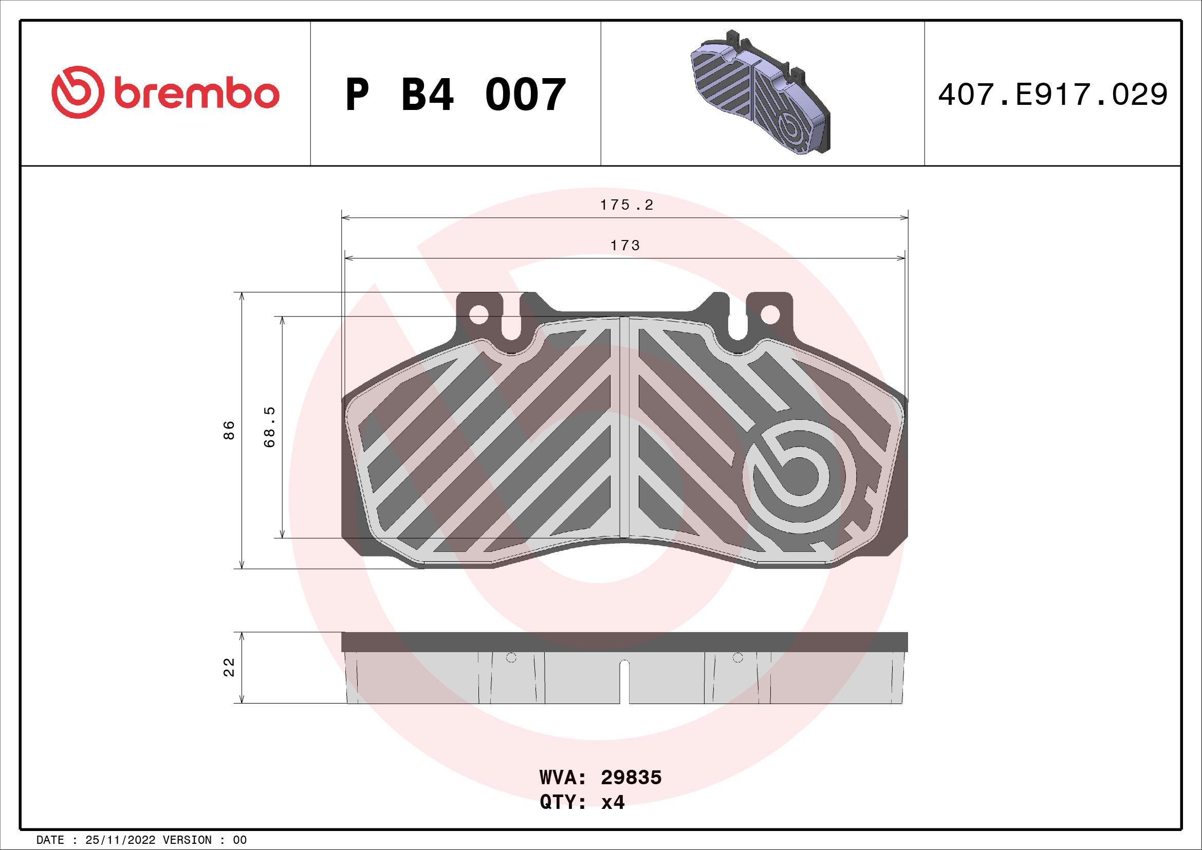 BREMBO Fékbetét, mind PB4007_BREMBO